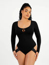 CurvyPower | AU bodysuit Black / S Built In Shapewear Long Sleeve Scoop Neck Thong Bodysuit