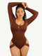 CurvyPower | AU bodysuit Brown / S Built In Shapewear Long Sleeve Scoop Neck Thong Bodysuit