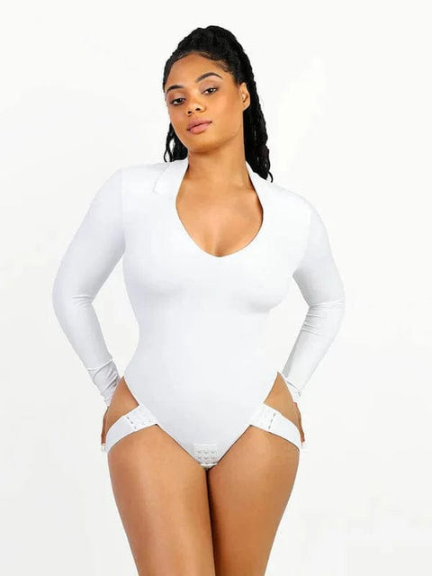 CurvyPower | AU bodysuit White / S Deep V Neck Long Sleeve Shapewear Thong Bodysuit