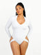 CurvyPower | AU bodysuit White / S Deep V Neck Long Sleeve Shapewear Thong Bodysuit