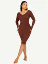 CurvyPower | AU Midi Dress Brown / XS/S Long Sleeve V Neck Bodycon Waist Cinching Shaper Midi Dress