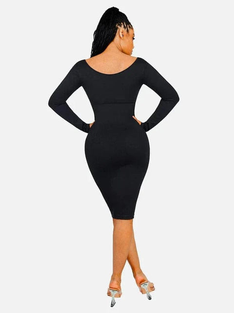 CurvyPower | AU Midi Dress Long Sleeve V Neck Bodycon Waist Cinching Shaper Midi Dress