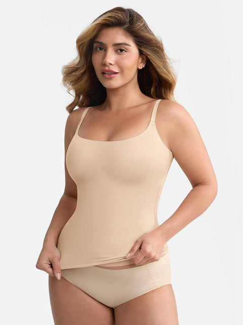 Curvypower | Australia Apparel & Accessories > Clothing > Tops > Tank Tops Beige / XS Scoop Neck Tank Top with Light Shaping and Anti-Sheer Bust Lining