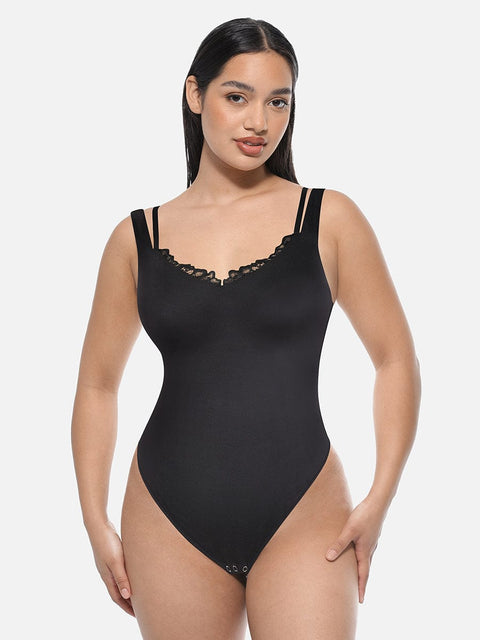 Curvypower | Australia Apparel & Accessories > Clothing > Underwear & Socks > Bodysuits Black / S Leopard Print Lace V-Neck Shapewear Bodysuit Tummy Control Thong Shaping Bodysuit for Women with T-Back Design