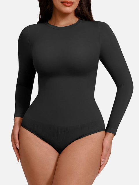 Curvypower | Australia Apparel & Accessories > Clothing > Underwear & Socks > Bodysuits Black / XS/S Seamless Crew Neck Long Sleeve Tummy Control Snap Crotch Briefs Shapewear Bodysuit