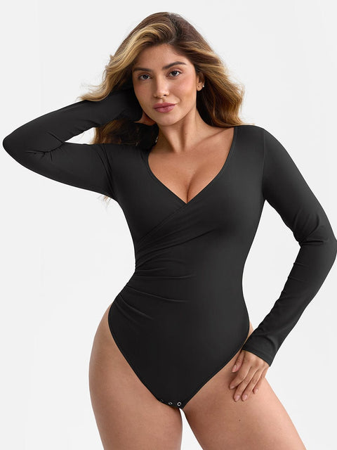 Curvypower | Australia Apparel & Accessories > Clothing > Underwear & Socks > Bodysuits Black / XS V-neck Overlapping Pleated Shapewear Bodysuit with Tummy Control