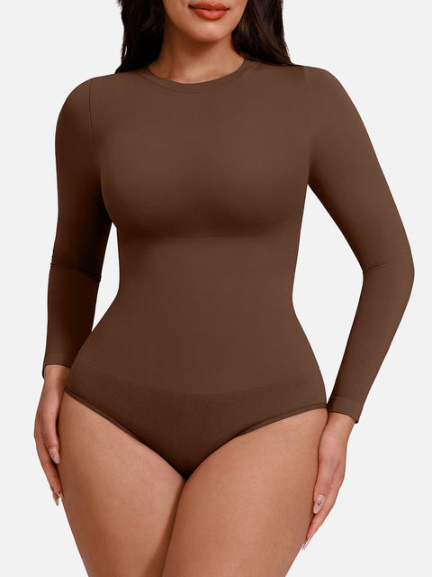 Curvypower | Australia Apparel & Accessories > Clothing > Underwear & Socks > Bodysuits Dark Brown / XS/S Seamless Crew Neck Long Sleeve Tummy Control Snap Crotch Briefs Shapewear Bodysuit