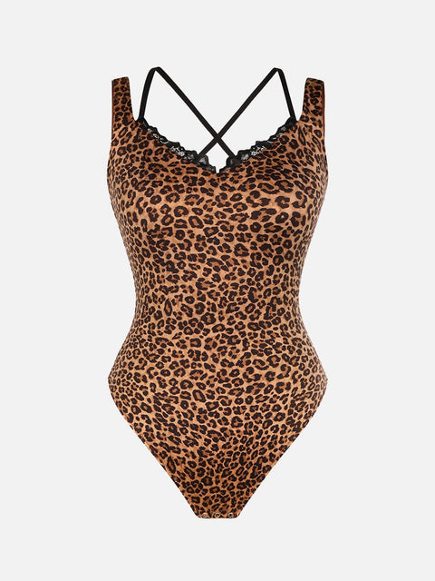 Curvypower | Australia Apparel & Accessories > Clothing > Underwear & Socks > Bodysuits Leopard Print Lace V-Neck Shapewear Bodysuit Tummy Control Thong Shaping Bodysuit for Women with T-Back Design