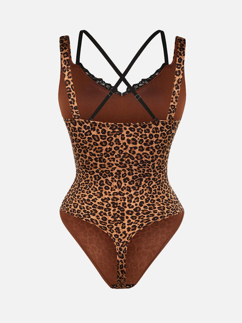 Curvypower | Australia Apparel & Accessories > Clothing > Underwear & Socks > Bodysuits Leopard Print Lace V-Neck Shapewear Bodysuit Tummy Control Thong Shaping Bodysuit for Women with T-Back Design