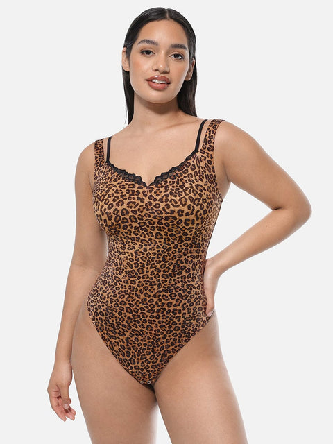 Curvypower | Australia Apparel & Accessories > Clothing > Underwear & Socks > Bodysuits Leopard Print / S Leopard Print Lace V-Neck Shapewear Bodysuit Tummy Control Thong Shaping Bodysuit for Women with T-Back Design