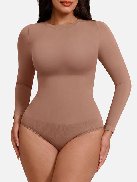 Curvypower | Australia Apparel & Accessories > Clothing > Underwear & Socks > Bodysuits Light Brown / XS/S Seamless Crew Neck Long Sleeve Tummy Control Snap Crotch Briefs Shapewear Bodysuit