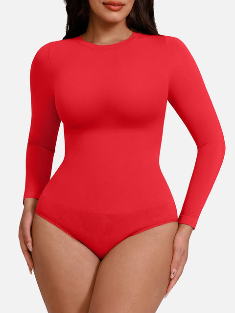 Curvypower | Australia Apparel & Accessories > Clothing > Underwear & Socks > Bodysuits Red / XS/S Seamless Crew Neck Long Sleeve Tummy Control Snap Crotch Briefs Shapewear Bodysuit