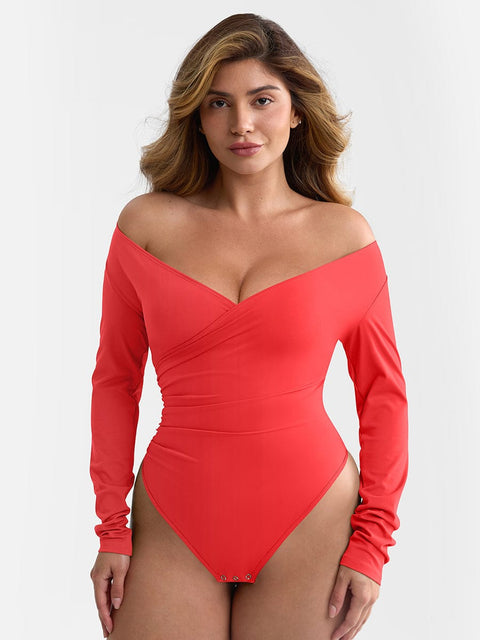 Curvypower | Australia Apparel & Accessories > Clothing > Underwear & Socks > Bodysuits Red / XS V-neck Overlapping Pleated Shapewear Bodysuit with Tummy Control