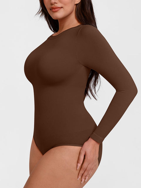 Curvypower | Australia Apparel & Accessories > Clothing > Underwear & Socks > Bodysuits Seamless Crew Neck Long Sleeve Tummy Control Snap Crotch Briefs Shapewear Bodysuit