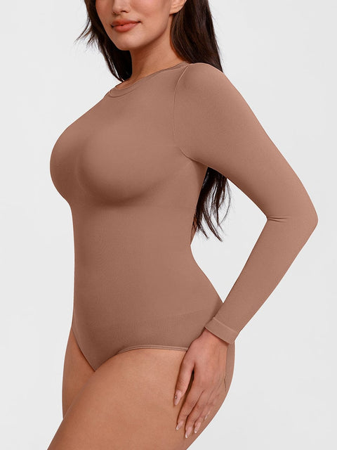 Curvypower | Australia Apparel & Accessories > Clothing > Underwear & Socks > Bodysuits Seamless Crew Neck Long Sleeve Tummy Control Snap Crotch Briefs Shapewear Bodysuit