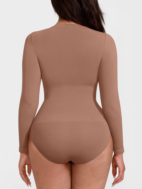 Curvypower | Australia Apparel & Accessories > Clothing > Underwear & Socks > Bodysuits Seamless Crew Neck Long Sleeve Tummy Control Snap Crotch Briefs Shapewear Bodysuit