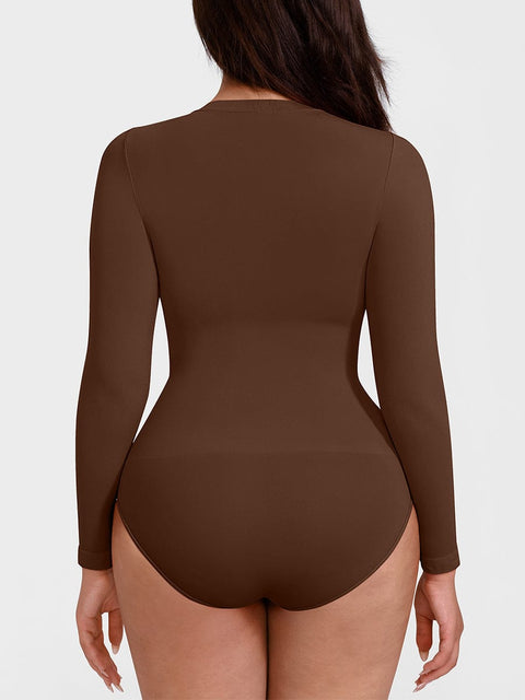 Curvypower | Australia Apparel & Accessories > Clothing > Underwear & Socks > Bodysuits Seamless Crew Neck Long Sleeve Tummy Control Snap Crotch Briefs Shapewear Bodysuit