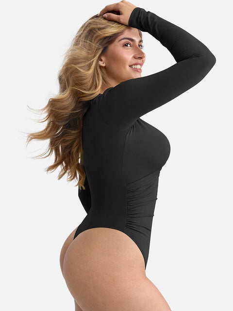 Curvypower | Australia Apparel & Accessories > Clothing > Underwear & Socks > Bodysuits V-neck Overlapping Pleated Shapewear Bodysuit with Tummy Control