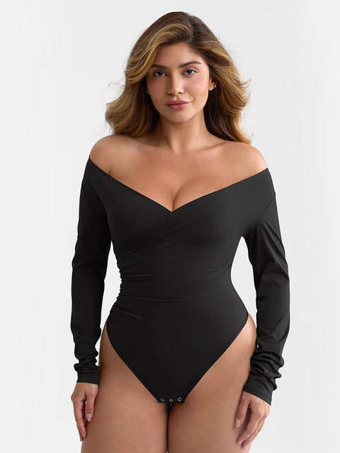 Curvypower | Australia Apparel & Accessories > Clothing > Underwear & Socks > Bodysuits V-neck Overlapping Pleated Shapewear Bodysuit with Tummy Control