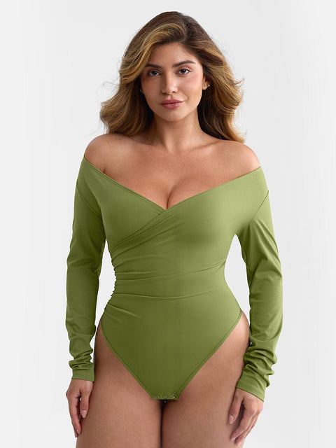 Curvypower | Australia Apparel & Accessories > Clothing > Underwear & Socks > Bodysuits V-neck Overlapping Pleated Shapewear Bodysuit with Tummy Control