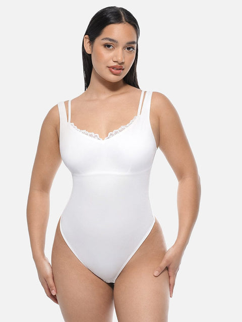 Curvypower | Australia Apparel & Accessories > Clothing > Underwear & Socks > Bodysuits White / S Leopard Print Lace V-Neck Shapewear Bodysuit Tummy Control Thong Shaping Bodysuit for Women with T-Back Design