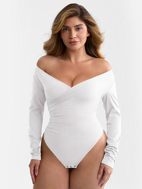 Curvypower | Australia Apparel & Accessories > Clothing > Underwear & Socks > Bodysuits White / XS V-neck Overlapping Pleated Shapewear Bodysuit with Tummy Control