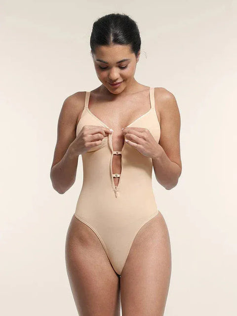Curvypower | Australia bodysuit Beige / S Plunge Front Zip Tummy Control Shape Wear Bodysuit