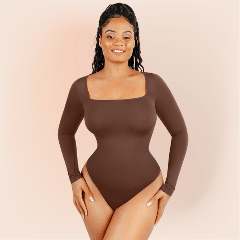 Curvypower | Australia bodysuit Beige / S Women's Square Neck Long Sleeve Tummy Control Shapewear Bodysuit
