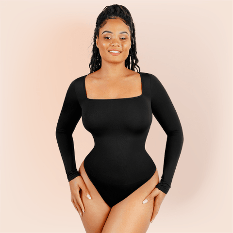 Curvypower | Australia bodysuit Black / S Women's Square Neck Long Sleeve Tummy Control Shapewear Bodysuit