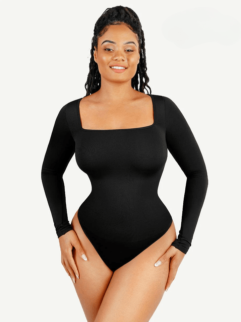 CurvyPower | Australia bodysuit Black / XS/S Square Neck Tummy Control Long Sleeve Shapewear Bodysuit