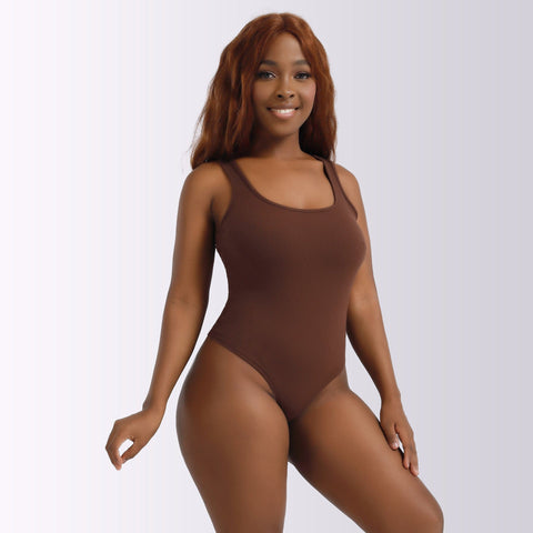 Curvypower | Australia bodysuit Brown / S Women's Sexy Sleeveless Ribbed Round Neck Sculpting Thong Shapewear Bodysuit