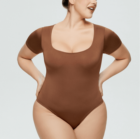 Curvypower | Australia bodysuit Brown / S Women's Square Neck Short Sleeve thong Shapewear Bodysuit