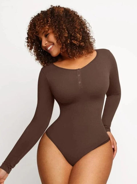 CurvyPower | Australia bodysuit Brown / XS/S High Compression Scoop Neck Long Sleeve Thong Shapewear Bodysuit