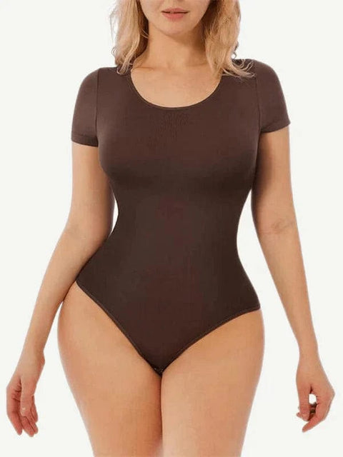 CurvyPower | Australia bodysuit Brown / XS/S Short Sleeve Round Neck One Piece Sculpting Shapewear Bodysuit