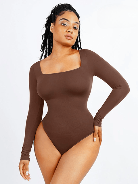 CurvyPower | Australia bodysuit Brown / XS/S Square Neck Tummy Control Long Sleeve Shapewear Bodysuit