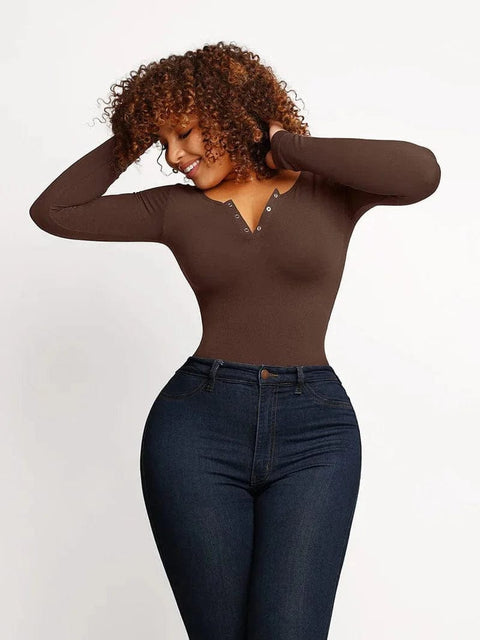 CurvyPower | Australia bodysuit High Compression Scoop Neck Long Sleeve Thong Shapewear Bodysuit