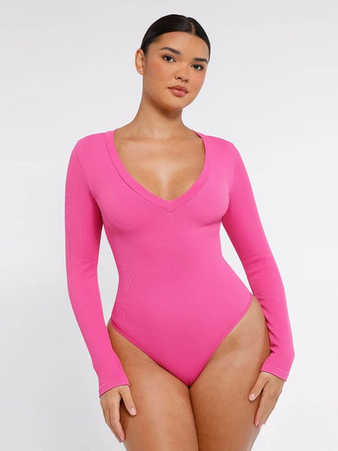 CurvyPower | Australia bodysuit Pink / XS/S Deep V Neck Tummy Control Thong Shapewear Bodysuit