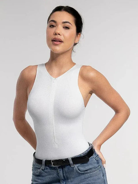 Curvypower | Australia bodysuit Ribbed Seamless Sleeveless Shapewear Bodysuit with Front Zipper