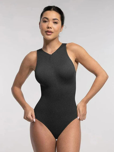 Curvypower | Australia bodysuit Ribbed Seamless Sleeveless Shapewear Bodysuit with Front Zipper