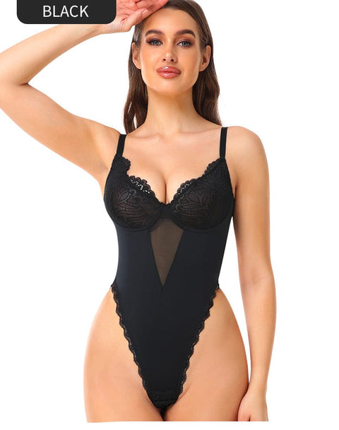 Curvypower | Australia bodysuit Sculpting Low Back Lace Shapewear Bodysuit with Built-In Bra
