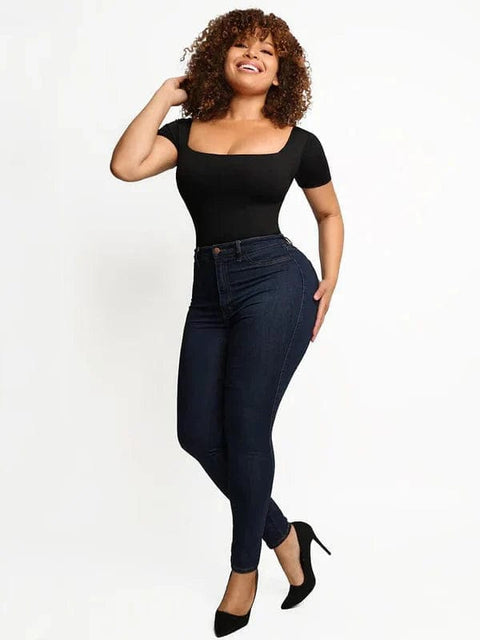 CurvyPower | Australia bodysuit Short Sleeve Square Neck Tummy Control Shapewear Bodysuit