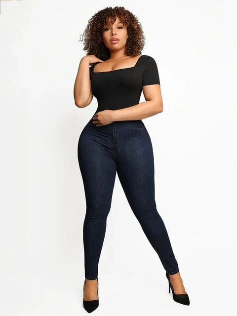 CurvyPower | Australia bodysuit Short Sleeve Square Neck Tummy Control Shapewear Bodysuit