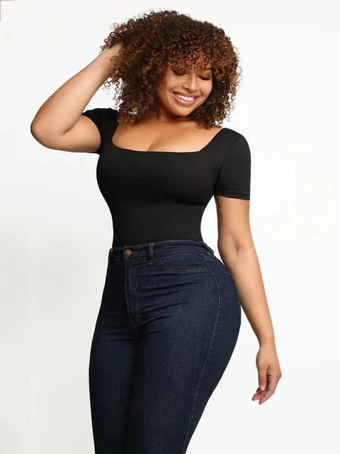 CurvyPower | Australia bodysuit Short Sleeve Square Neck Tummy Control Shapewear Bodysuit
