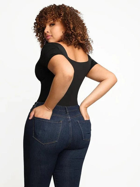 CurvyPower | Australia bodysuit Short Sleeve Square Neck Tummy Control Shapewear Bodysuit