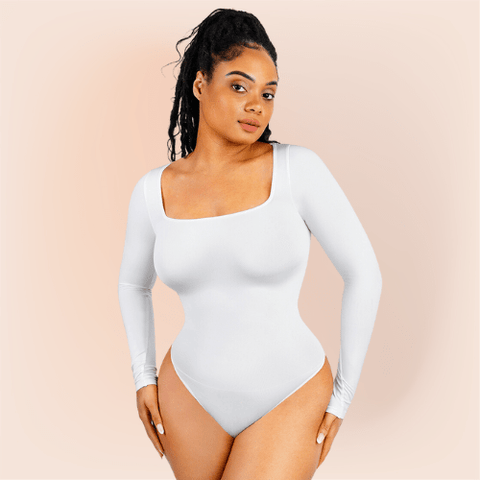Curvypower | Australia bodysuit White / S Women's Square Neck Long Sleeve Tummy Control Shapewear Bodysuit