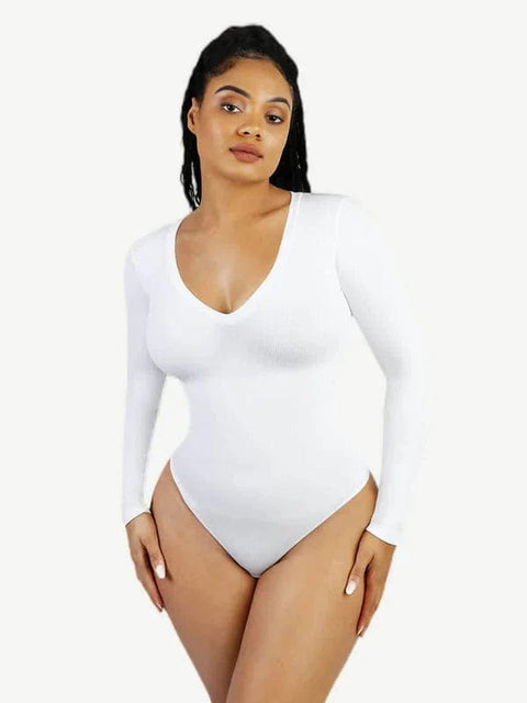 CurvyPower | Australia bodysuit White / XS/S Deep V Neck Tummy Control Thong Shapewear Bodysuit