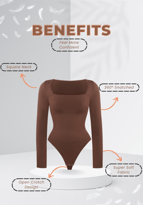 Curvypower | Australia bodysuit Women's Square Neck Long Sleeve Tummy Control Shapewear Bodysuit