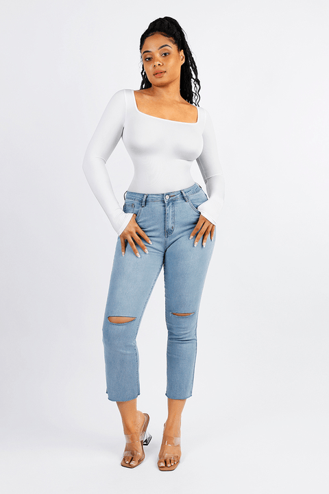 Curvypower | Australia bodysuit Women's Square Neck Long Sleeve Tummy Control Shapewear Bodysuit