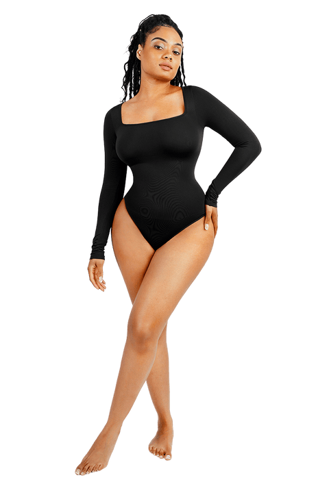 Curvypower | Australia bodysuit Women's Square Neck Long Sleeve Tummy Control Shapewear Bodysuit