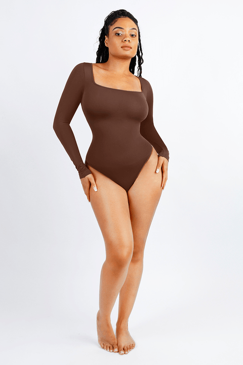 Curvypower | Australia bodysuit Women's Square Neck Long Sleeve Tummy Control Shapewear Bodysuit